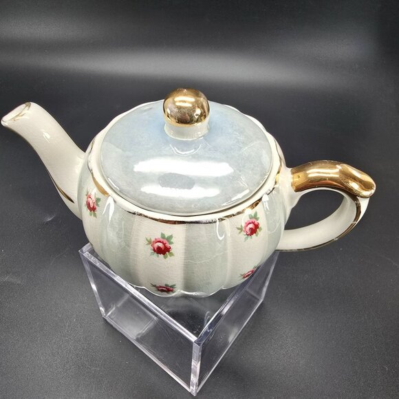 Rose Pumpkin Teapot With Blue and Gold Accents English Staffordshire JJ3837 - Picture 3 of 10